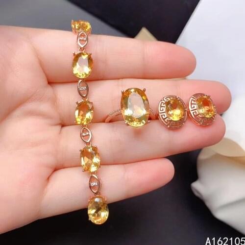 Fine jewelry 925 pure silver Chinese style natural citrine womens luxury popular oval gem ring earring bracelet suit support de