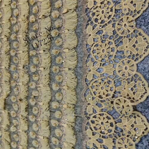 Yellow French Lace Fabric Latest african guipure lace fabric with stones and beads embroidery mesh nigerian tulle lace fabric