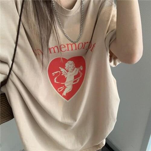 Summer retro angel love print loose short-sleeved T-shirt womens bottoming shirt all-match casual