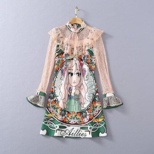 United Europe and the States womens clothing Spring 2021 new edition Long sleeve lace Mosaic cartoon print Fashionable dress