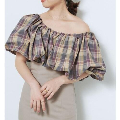 Sweet Bow Lace-up Puff Sleeve Plaid Shirts Sexy Slash Neck Japanese Women Blouses 2021 Fall Chic Elegant Ol Blusas Mujer
