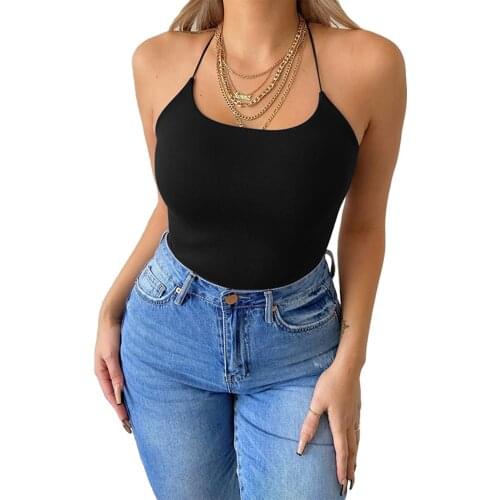 Womens Ladies Halter Strap Small Sling Sleeveless Slim-fit Drawstring Bodysuit Solid Color High Waist Blouse