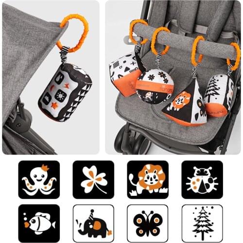 4Pcs/Set High Contrast Baby Toys Set Stroller Toy with Bell Car Seat Baby Plush Rattles Rings Hanging Toy for 0-6 Toddlers