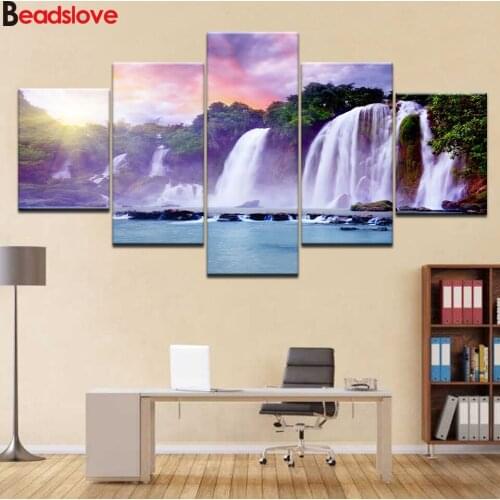 Full square round diamond embroidery 5 Piece Waterfall landscape diamond painting 5d diy diamond mosaic living room decor