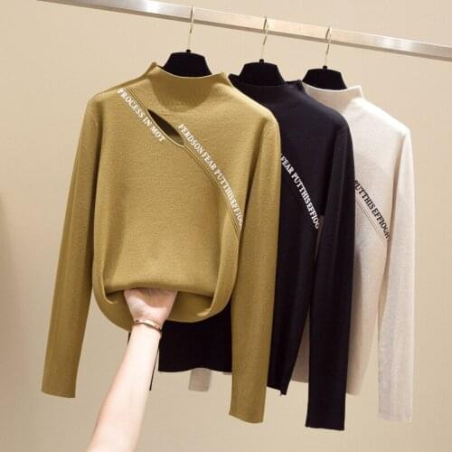 2020 cut out sexy long sleeve show thin half high collar knitted slim bottoming blouse womens sweater