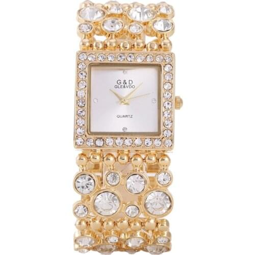 G&D Luxury Brand Womens Bracelet Watches Gold Rhinestone Jewelry Ladys Dress Watch Stainless Steel Band Relogio Feminino Clock
