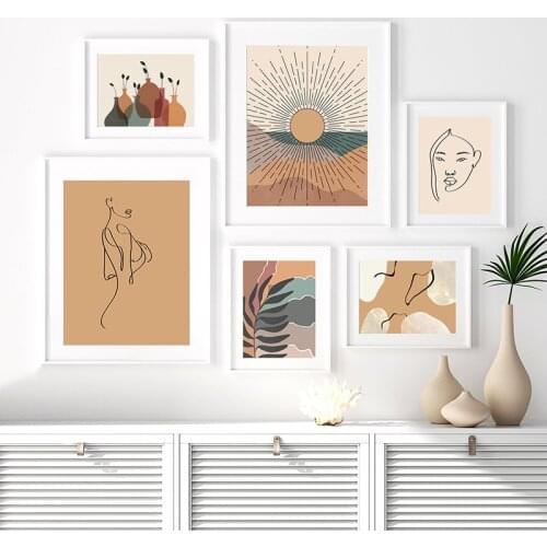 Simple Nordic Morandi color abstract lines beauty geometric vase leaf art decorative painting printed poster mural corridor