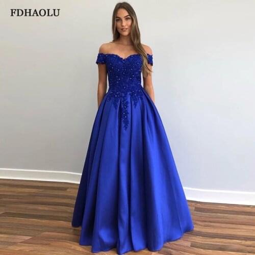 FDHAOLU FU114 Off The Shoulder Royal Blue Prom Dress A-line Appliques Beaded Draped Skirt Vestido De Fiesta Evening Dress Satin