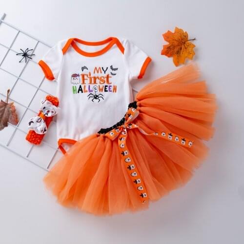 FOCUSNORM 3 Colors Halloween Baby Girls Cute Clothes Sets 3pcs Letter Cartoon Printed Romper+Colorful Lace Tutu Skirts Headband