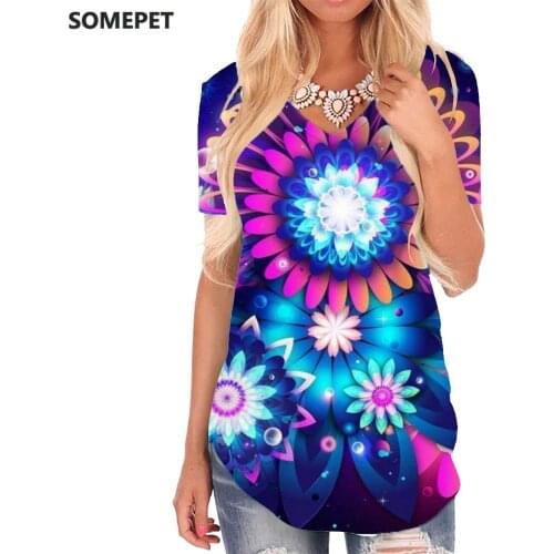 SOMEPET Flower T-shirt women Colorful Tshirts Printed Dizziness V-neck Tshirt Art Funny T shirts Womens Clothing Summer Printed