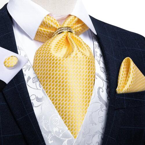 Men Fashion Yellow White Plaid Silk Cravat Ascot Luxury Wedding Formal Ascot Self British Style Neck Tie Accessories DiBanGu