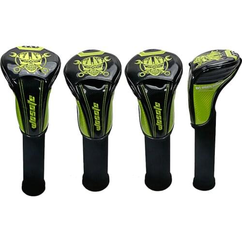 Golf Club Headcovers 1# Driver 3# 5# Wood # Hybrid Cover black PU Leather with green Skull embroidery Head Covers free shipping