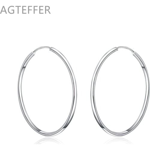 AGTEFFER 925 Sterling Silver 50mm / 60mm Round Smooth Big Circle Earrings For Woman Fashion Party Wedding Jewelry