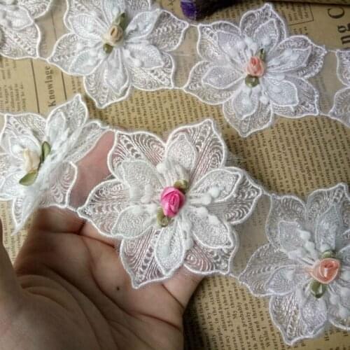 12 x Rose Pearl Flowers Embroidered Lace Trim Ribbon Applique Fabric Handmade DIY Wedding Clothes Sewing Craft Lace Decoration