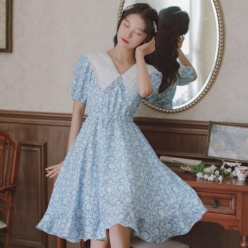 Lace Doll Collar Sweet Kawaii Dress Vestido Summer French First Love Cute Blue Gentle Romantic Floral Fairy Dress