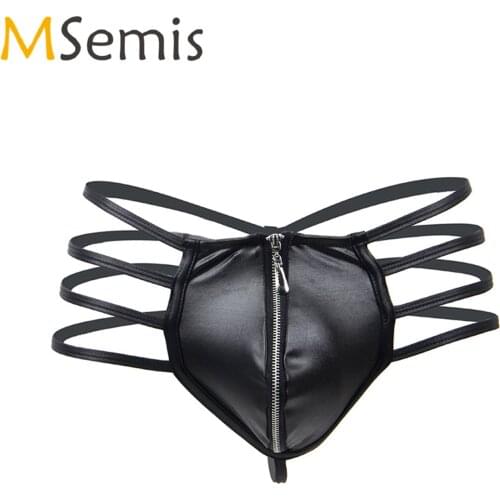 Mens Lingerie Faux Leather Zipper Bulge Pouch G-string Briefs T-back Hollow Out Thongs Underwear Low Waist Strappy Sexy Panties