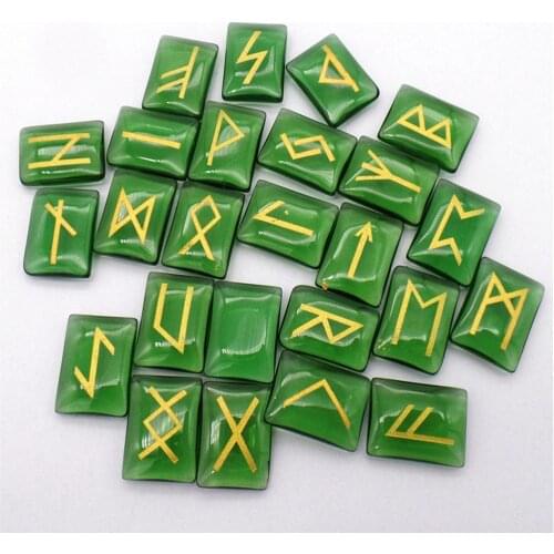 25Pcs/set 20x15x6mm Wholesale Green Glass Runes Stones Set Reiki Healing CAB DIY Jewelry Accessories S219