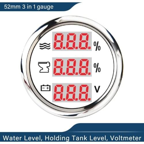 New 52mm Water Level Holding Tank Gauge Voltmeter Waterproof Universal 3 in 1 Multi-Function Digital Gauge with Alarm 9-32V