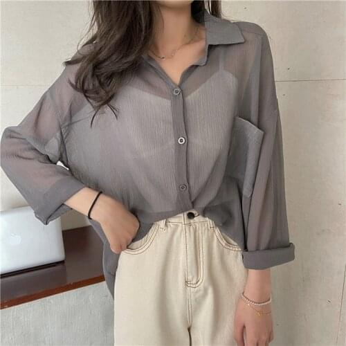 Solid Simple Chiffon Long Sleeve Lapel Single Breasted Shirt Womens 2021 Summer Autumn Loose Thin Sunscreen Crop Top Streetwear