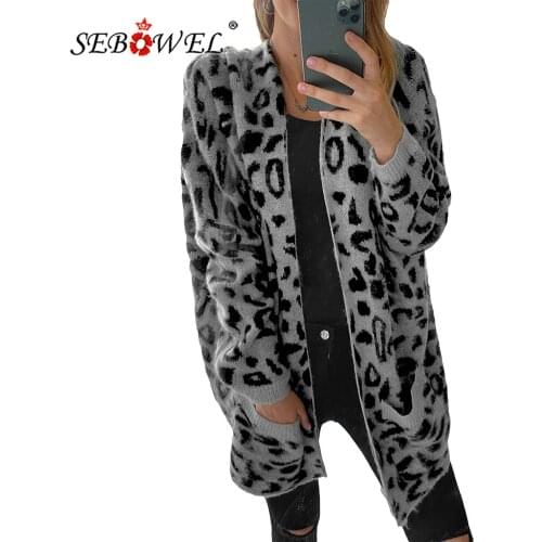 SEBOWEL Autumn Casual Womens Leopard Cardigans Sweaters Coats Soft Comfortable Female Long Sleeve Knitted Outwear with Pockets