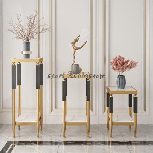 Light luxury stainless steel flower shelf living room floor-standing shelf double-layer rock slab solid wood flower shelf next t