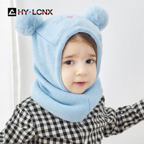 Autumn Winter Baby Hat Child Windproof One-piece Cap Boys Girls Cat Embroidery Fur Ball Pom Pom Thickening Knitted Warm Hats