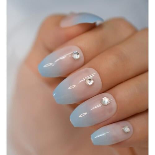 Blue Ombre 3D Bling Crystal Jewelry French Ballerina Coffin False Fake Nails Gradient Press on Daily Office Finger Wear UV Nails