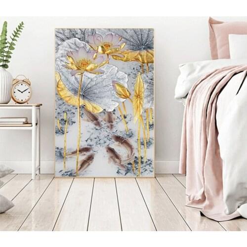 Style Decor Wall Pictures for Living Room Aisle Abstract Gold Lotus Fishes Canvas Painting Poster Art Cuadros New Chinese