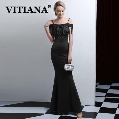 VITIANA Women Strapless Sexy Party Dress Female Tassels Trumpet Elegant Long Dresses Femme Black Host Banquet Night Vestidos