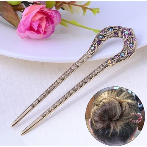 Fashion Metal Retro Style Hair Stick U-shaped Alloy Hairpin Hair Stick Women Rhinestone Flower Hairpins Hair Jewelry Accessories