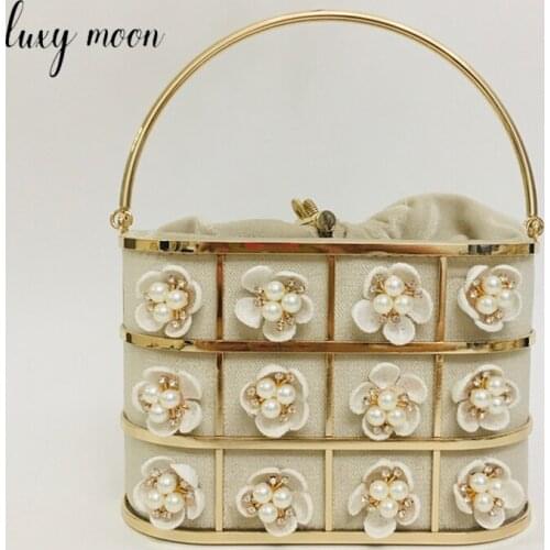 Flower Pearl Evening Clutch Bag Luxury Designer Women Mini Handbag Metal Basket Cage Diamond Wedding Purse ZD1791