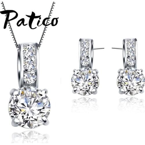 European Brand 925 Sterling Silver Cubic Zircon Pendant Necklace/Earring Women Jewelry Sets Wholesale