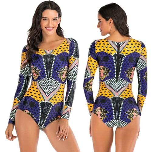Womens Long Sleeve One Piece Swimsuit Zip Back Bodysuit Sun UV Protection Swimwear Rash Guards Bathing Suits Printed