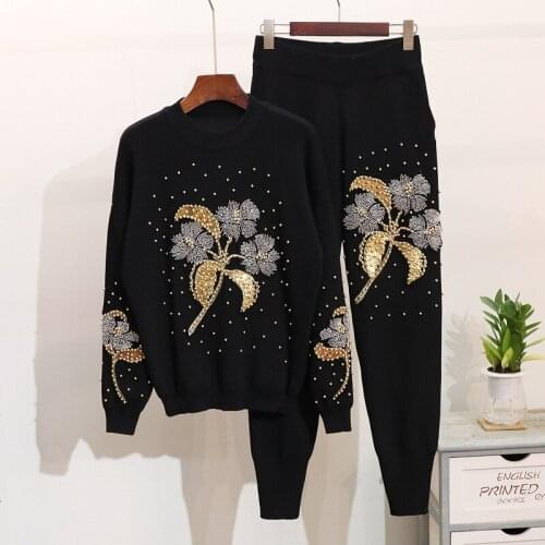 Flowers Beading Tracksuit Women Two Piece Set Spring Autumn Long sleeve Knitted Sweater + Casual Pants 2 Piece Set Outfits G394