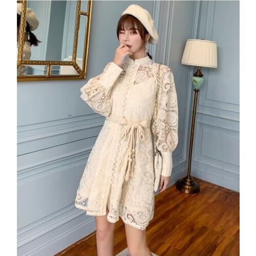 Black Lace Hollow Out Women Vintage Belt Mini Dress 2020 Spring Autumn Womans Lantern Long Sleeve Runway Lining Dresses Vestidos