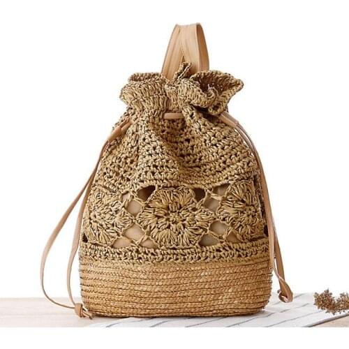 2017 Straw Backpack Drawstring Straw Bag Hollow Out Preppy Knitting Backpacks Manual Made Tote Beautiful Beach Bag Backpack