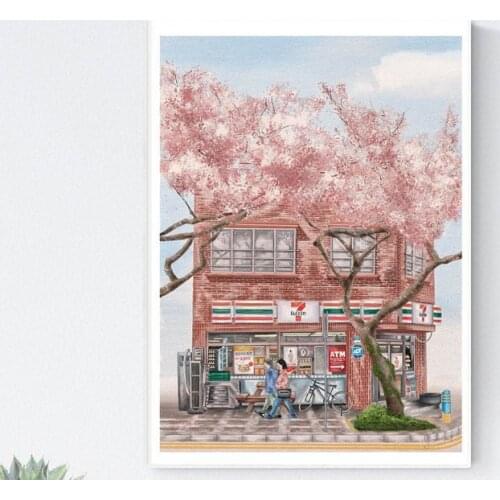 DIY 5D Diamond Painting Korean Street Scenery Drawing/Spring in Seoul/Cherry blossom Embroidery Mosaic Home Decoration
