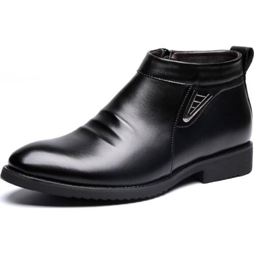 Business Chelsea Boots Mens Winter warm Ankle Boots Men Leather Zipper Side Thick Artificial Fur Snow Boots Men Dress Shoes