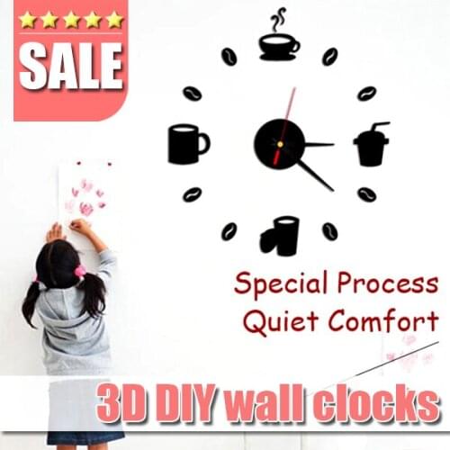 Coffee Cups Kitchen wall art 3d diy wall clocks mirror clock modern design watches home decoration DIY decor sticker living room