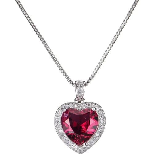 BLACK ANGEL High Quality 925 Silver Elegant Romantic Heart Shaped Ruby CZ Tourmaline Pendant Necklace for Women Wedding Jewelry