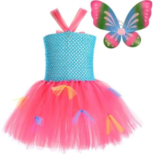 Kids Princess Halloween Birthday Party Cosplay Costume Girls Butterfly Fairy Fancy Up Tutu Dress And Wings Set Tulle Ball Gown