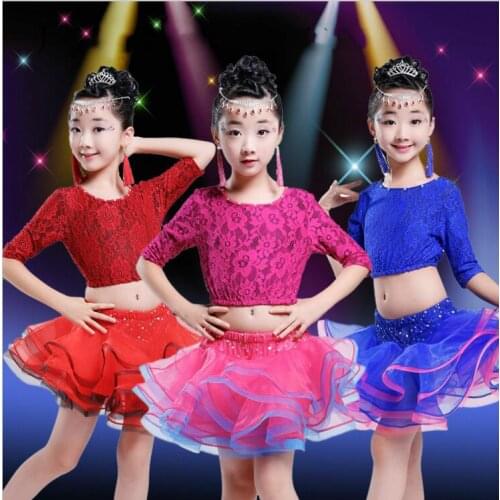 100-160cm 3 Color Children Latin Dance Performance Childrens Dress Kid Girls Latin Blue Red Rose Red Dance Skirt Female