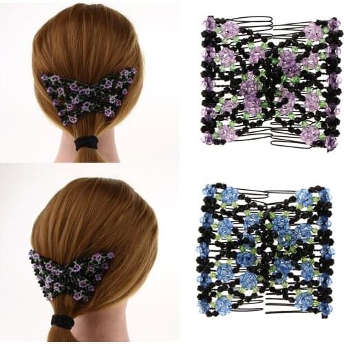Elastic Easy Double Hair Combs Clips Floral Beaded Bun Maker Accessories