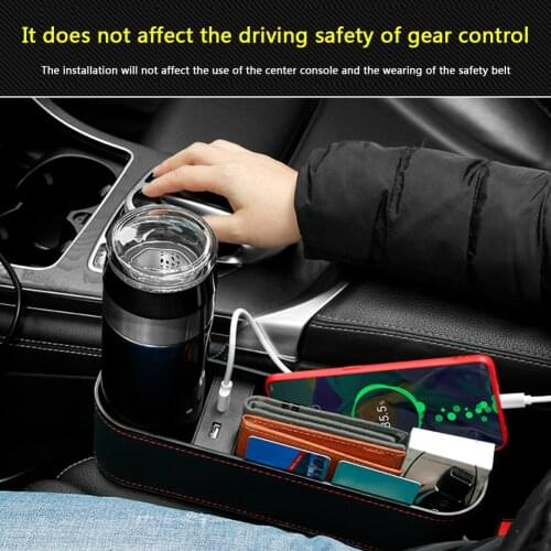 PU Leather Car Seat Gap Organizer Storage Box Dual USB Charger Cup Phone Holder Easily Installation Personal Car Elements