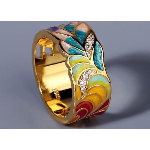 Delicate Luxury 18K Yellow Gold Color Wedding Rings for Women Elegant Leaf Enamel Engagement Party Ring 925 Silver Fine Jewelry