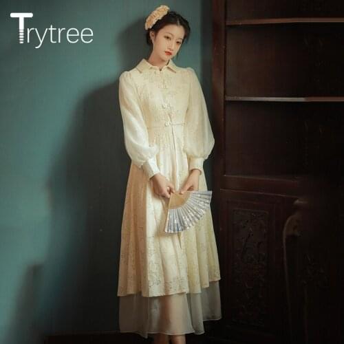 Trytree 2021 Spring Summer Two Piece Women Sets Puff Sleeve Lace Dress + A-line Mid-calf Voile Skirt Chinese Styles 2 Piece Set