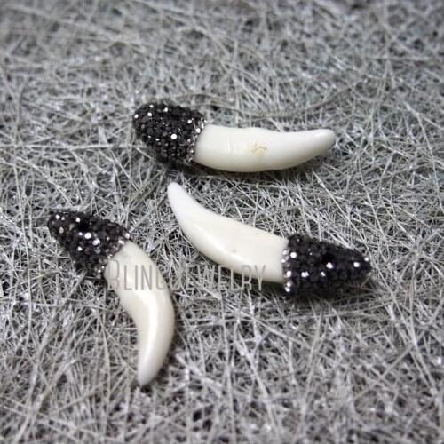 Pave CZ Wolf Teeth Bone Pendant with Clear and Gun black Toned Rhinestone Pave Cap MU150814132