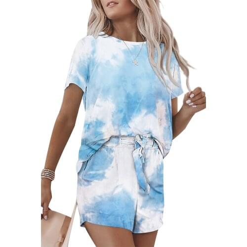 Summer Womens 2 Pcs Tie-Dye Printed Pajama Set Short Sleeve O-Neck Top + Shorts With Sashes Female Sleeping Suits