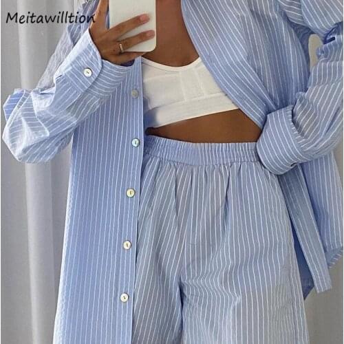 Summer Loose Tracksuit Women Stripe Set 2021 Casual Long Sleeve Shirt Tops And Loose High Waisted Mini Shorts Two Piece Set