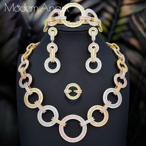 ModemAngel Luxury Link Chain Cross Dubai Gold Jewelry Nigerian Wedding African Beads Bridal Jewellery Set Cubic Zircon Jewelry